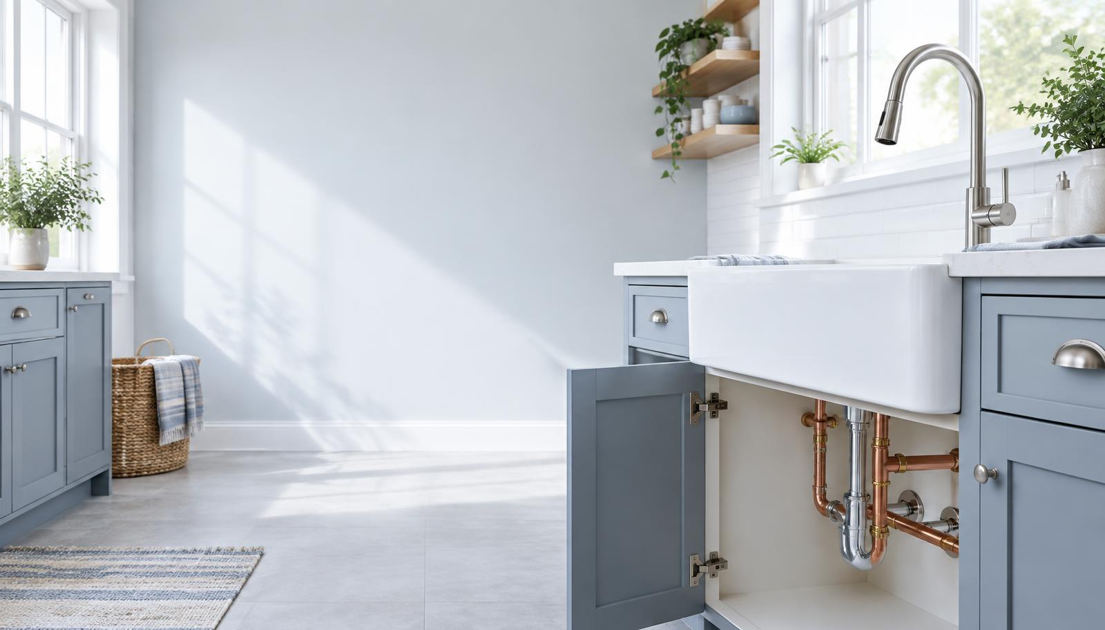 Bright kitchen sink with visible plumbing beneath the cabinet